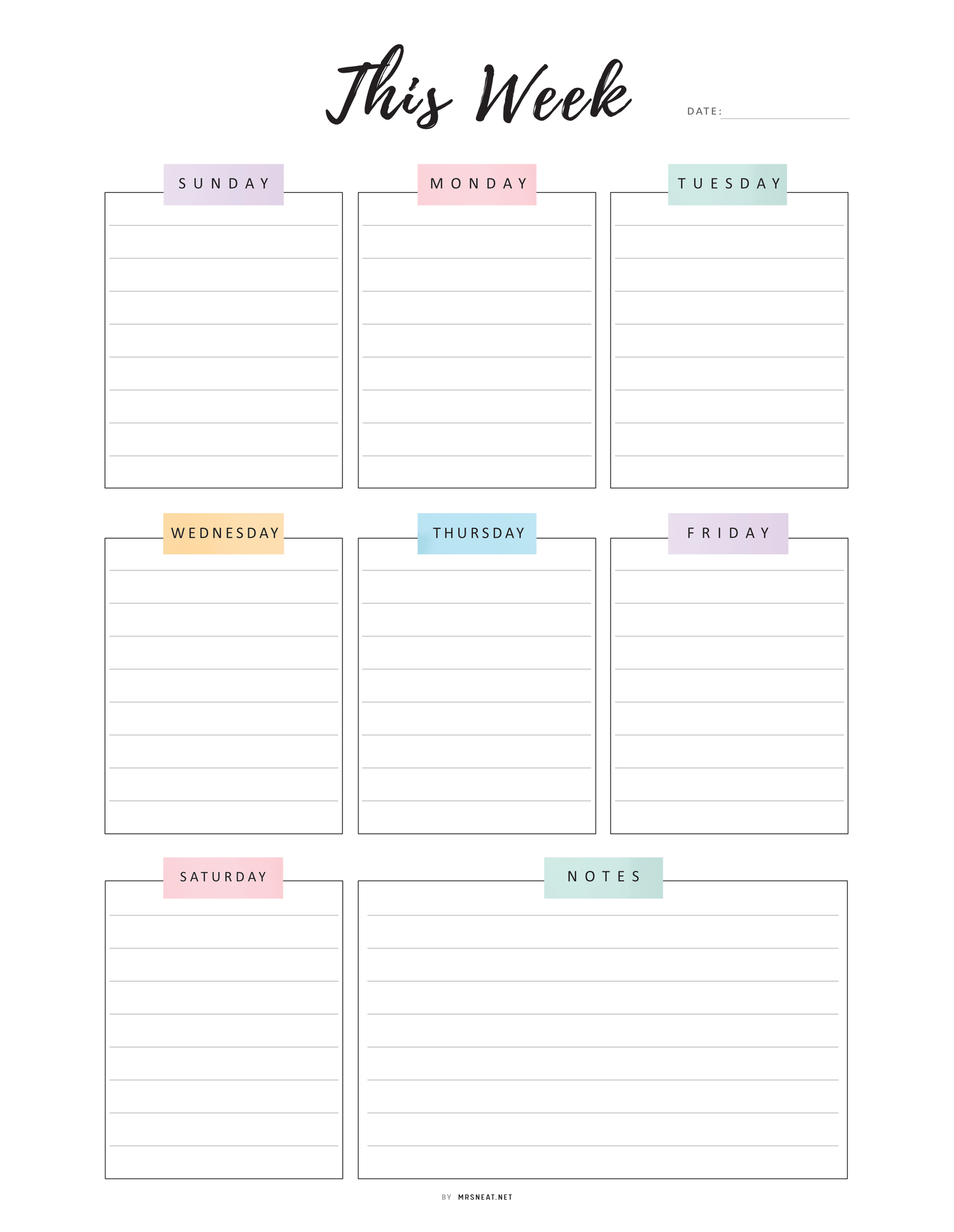 Weekly planner with colorful labels for each day of the week on a white background.