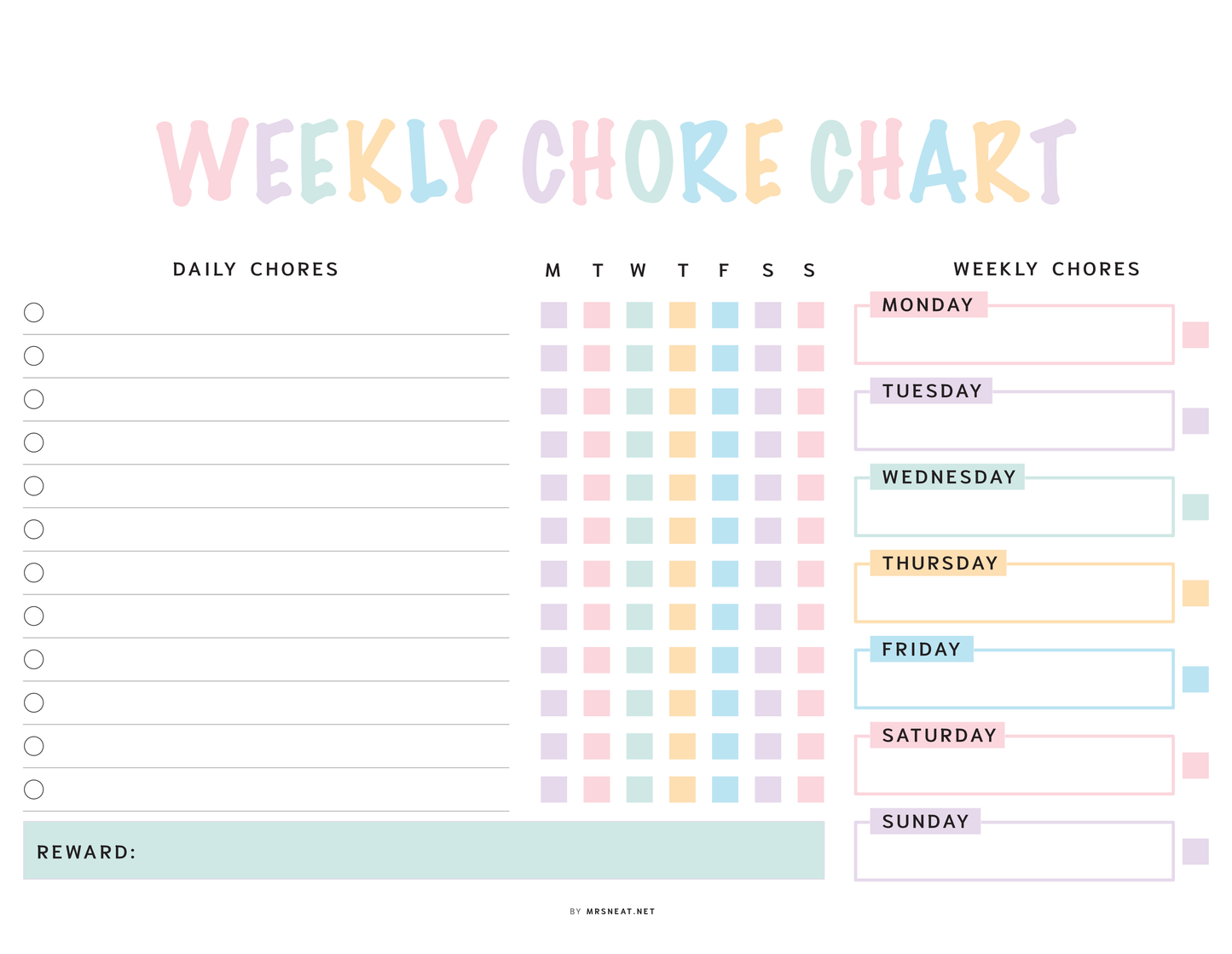 Weekly chore chart with colorful checkboxes for daily and weekly chores.