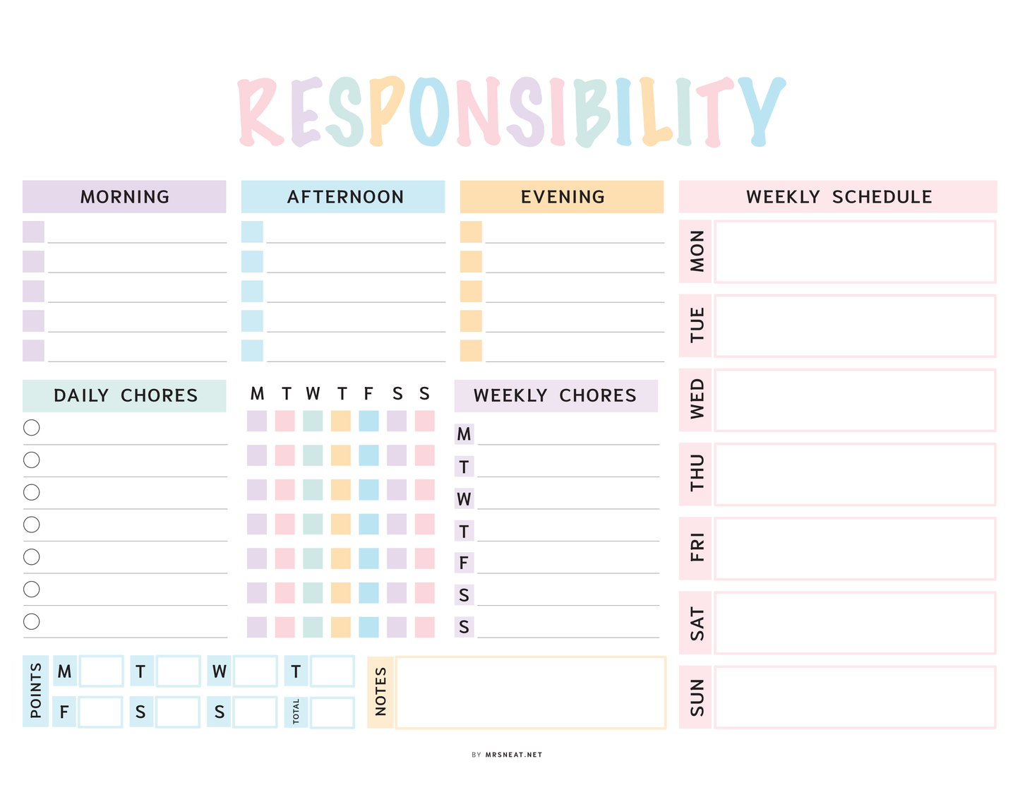 Responsibility chart with daily chores, weekly schedule, and checkboxes for tasks.