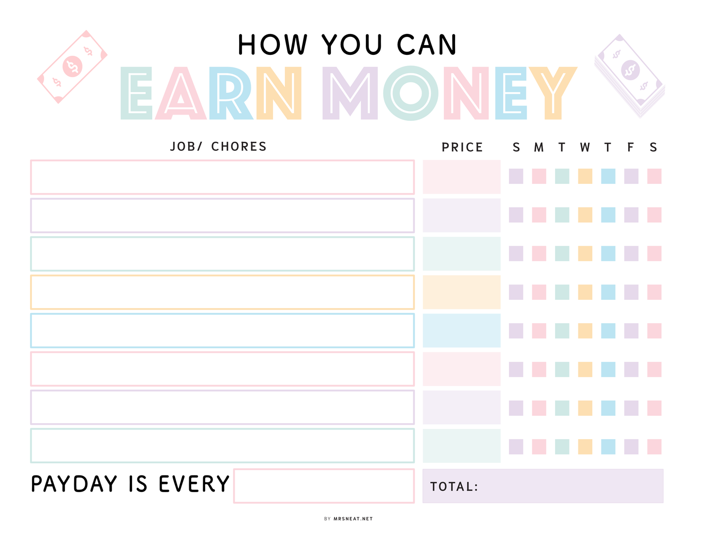 Money management worksheet with checkboxes and a schedule for earning money.