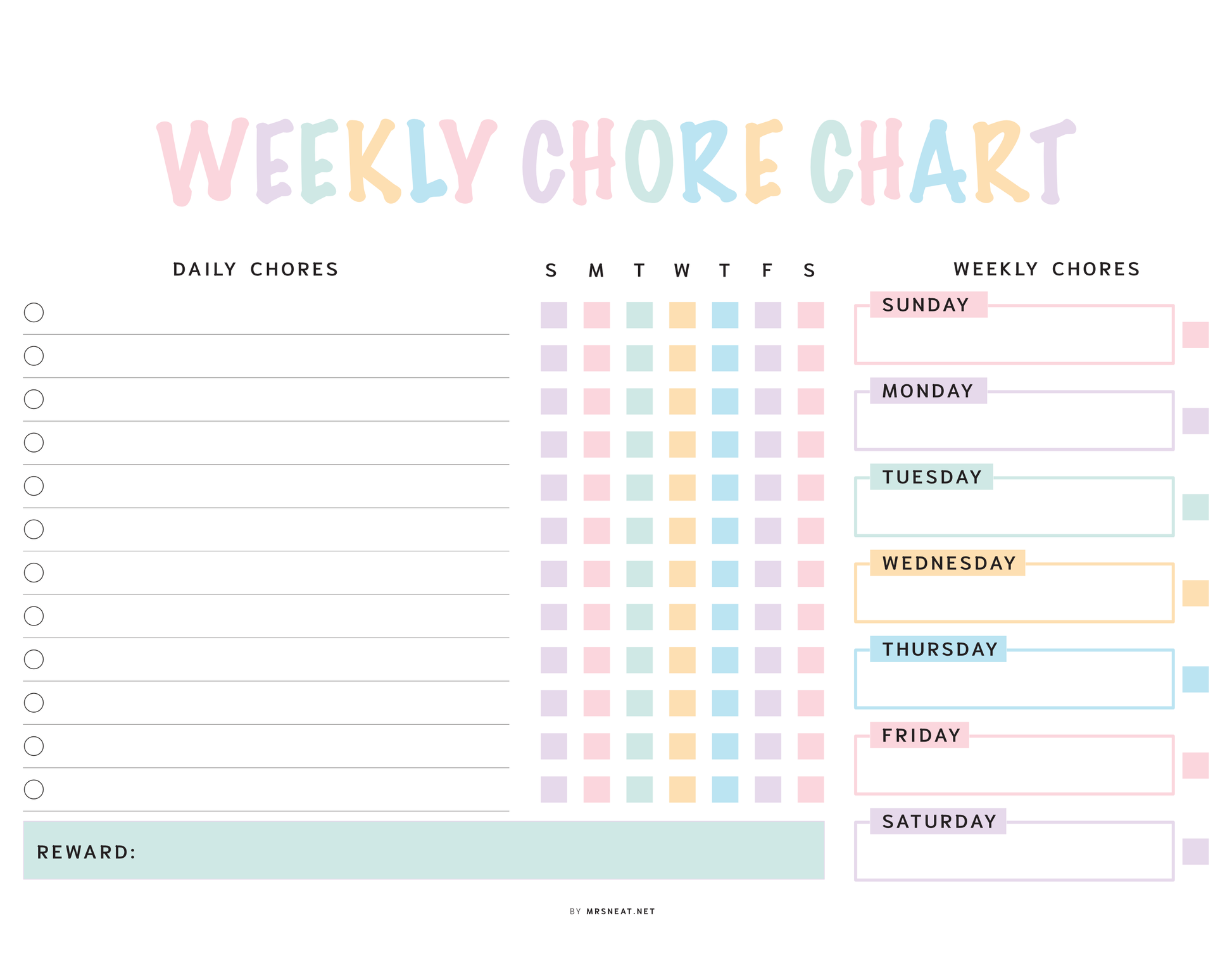 Weekly chore chart with colorful checkboxes for daily and weekly chores.