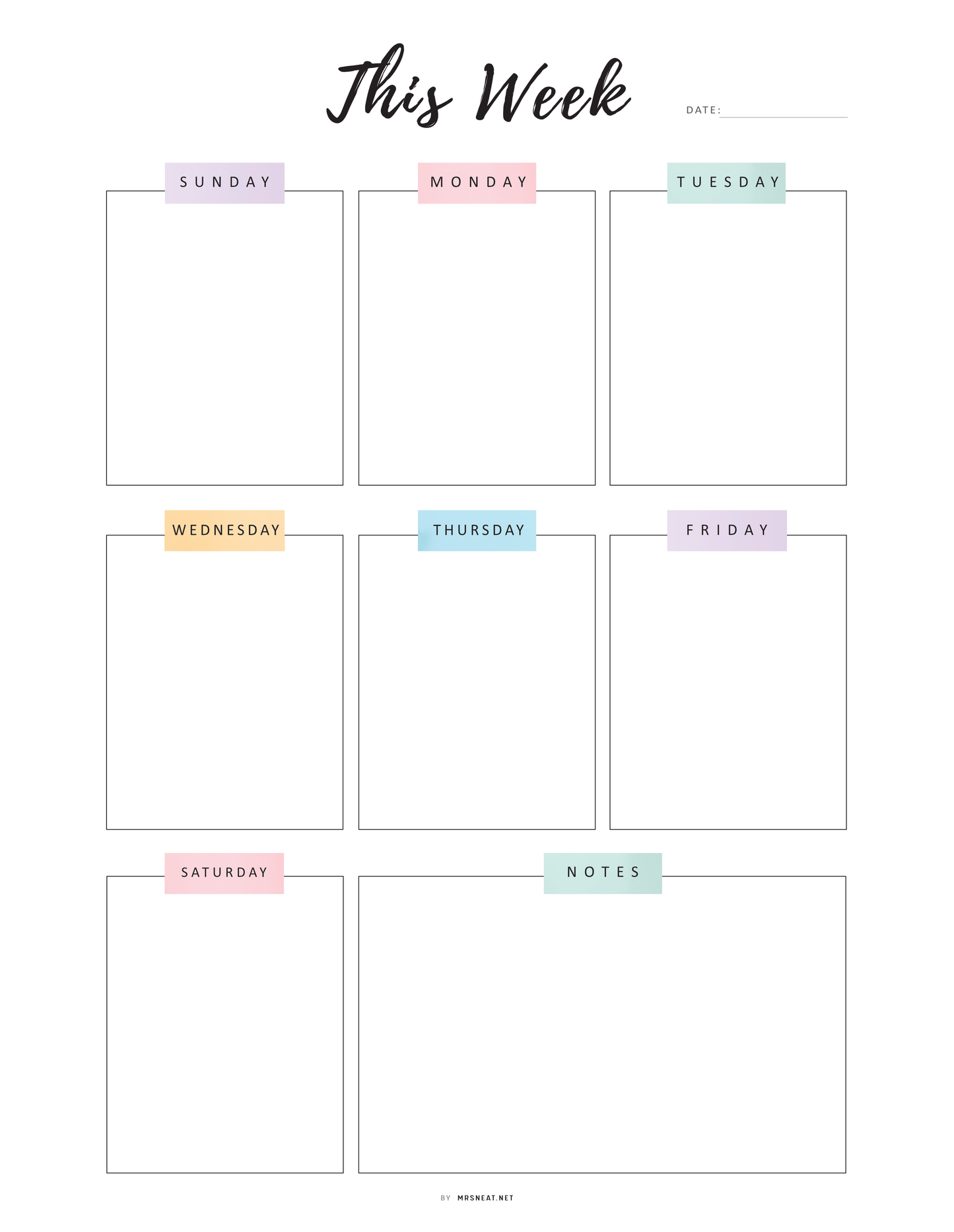 Weekly planner with days of the week labeled and a space for notes.