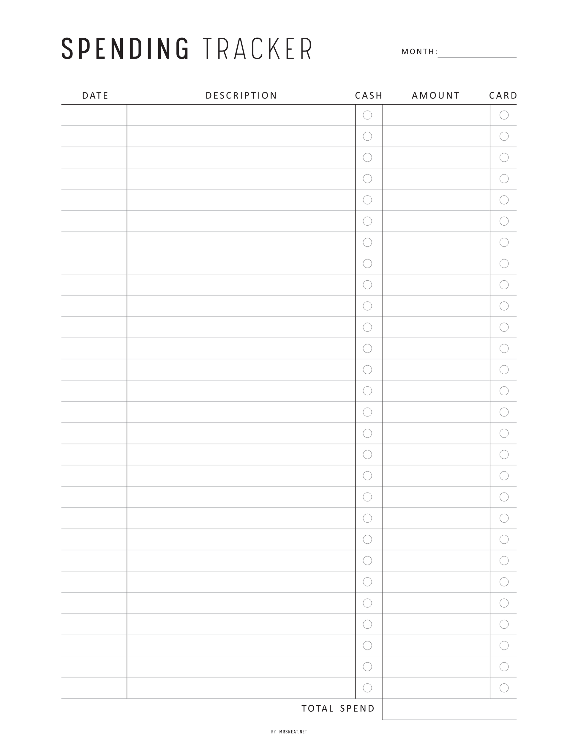 Monthly Spending Tracker Printable, A4, A5, Letter, Half Letter, Minimalist and Colorful Page