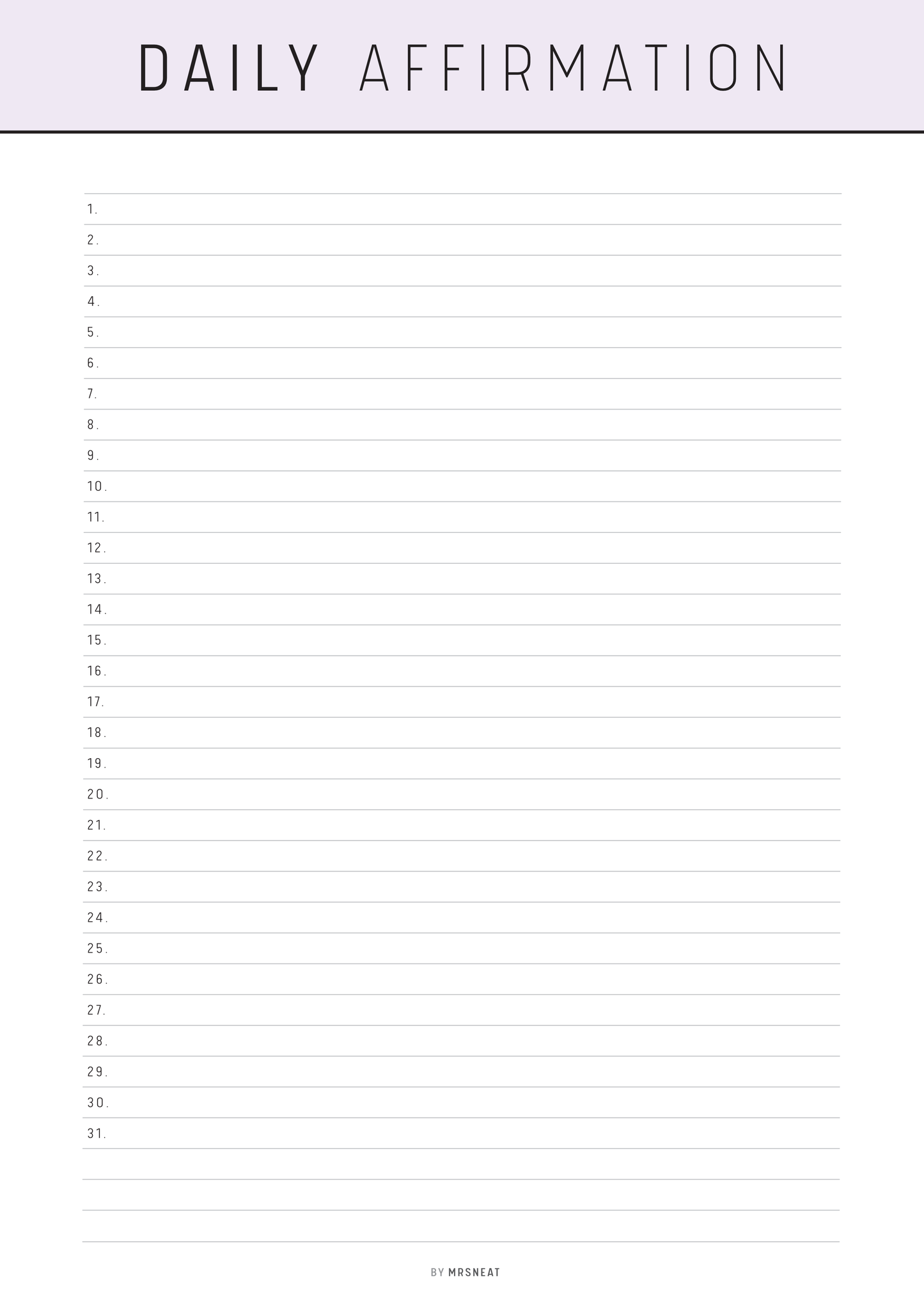 Blank sheet for daily affirmations with a light purple header and footer.