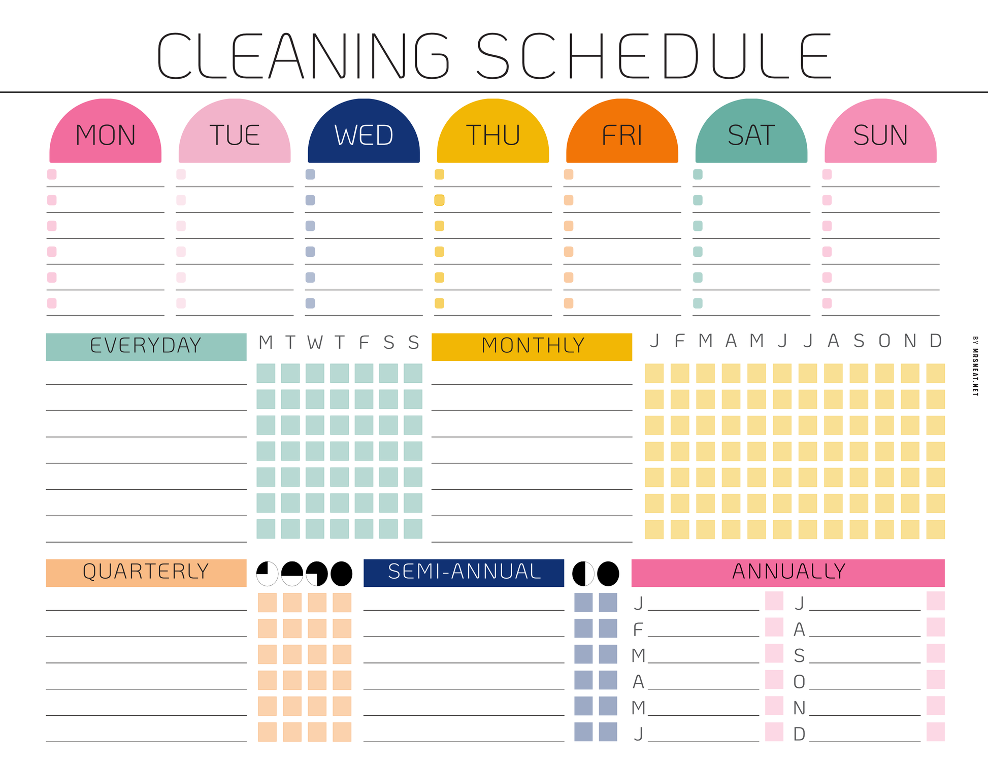 Cleaning schedule with colorful days of the week and time frequency indicators.