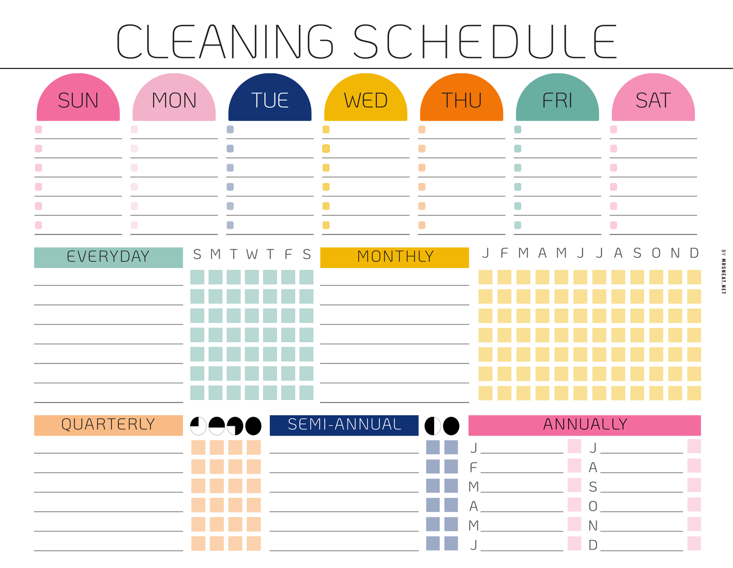 Cleaning schedule with colorful labels for days of the week and types of cleaning tasks.