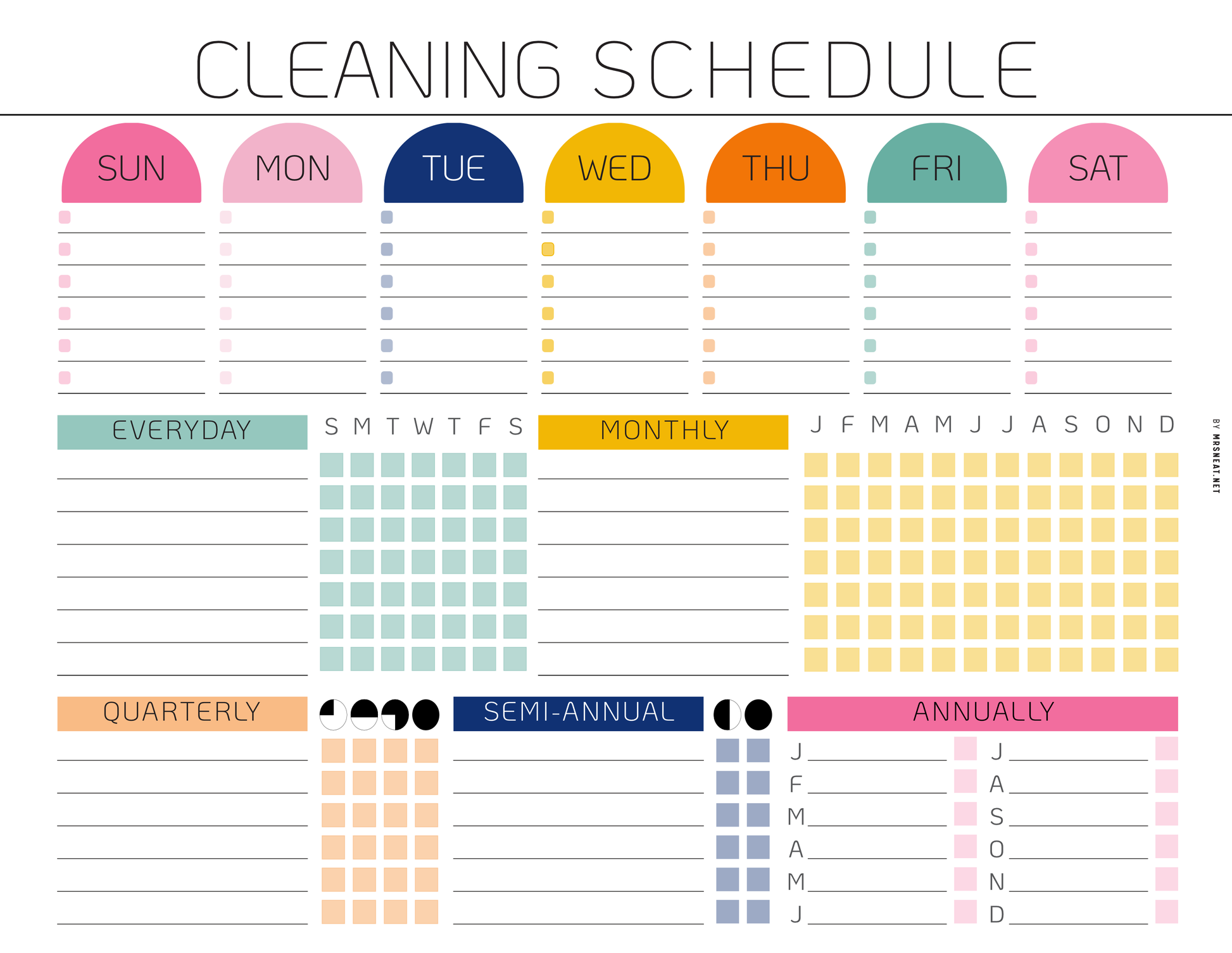 Cleaning schedule with colorful labels for days of the week and types of cleaning tasks.