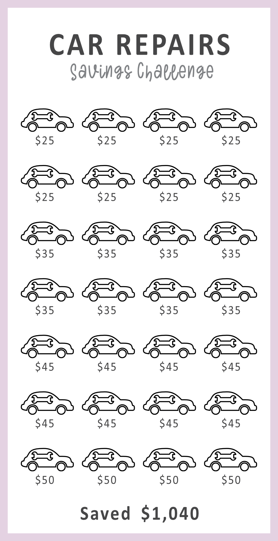 Car repairs savings challenge tracker with illustrated cars and amounts on a light purple background