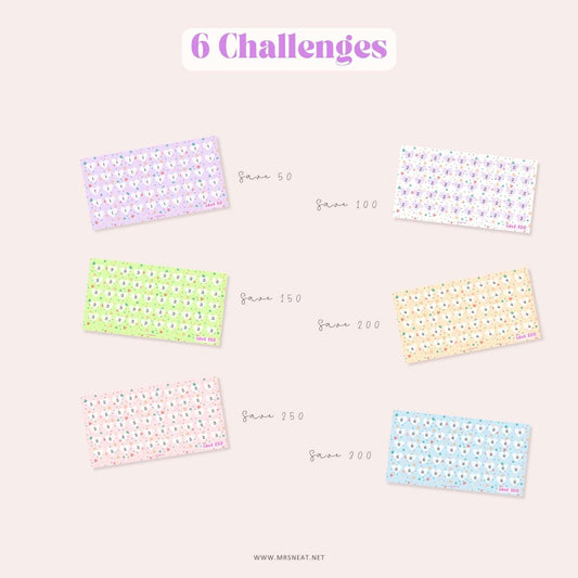 Cute 6 Love Mini Savings Challenges PRINTABLE A6 size for Low Budget Income Savings Tracker to save 50, save 100, save 150, save 200, save 250, save 300
