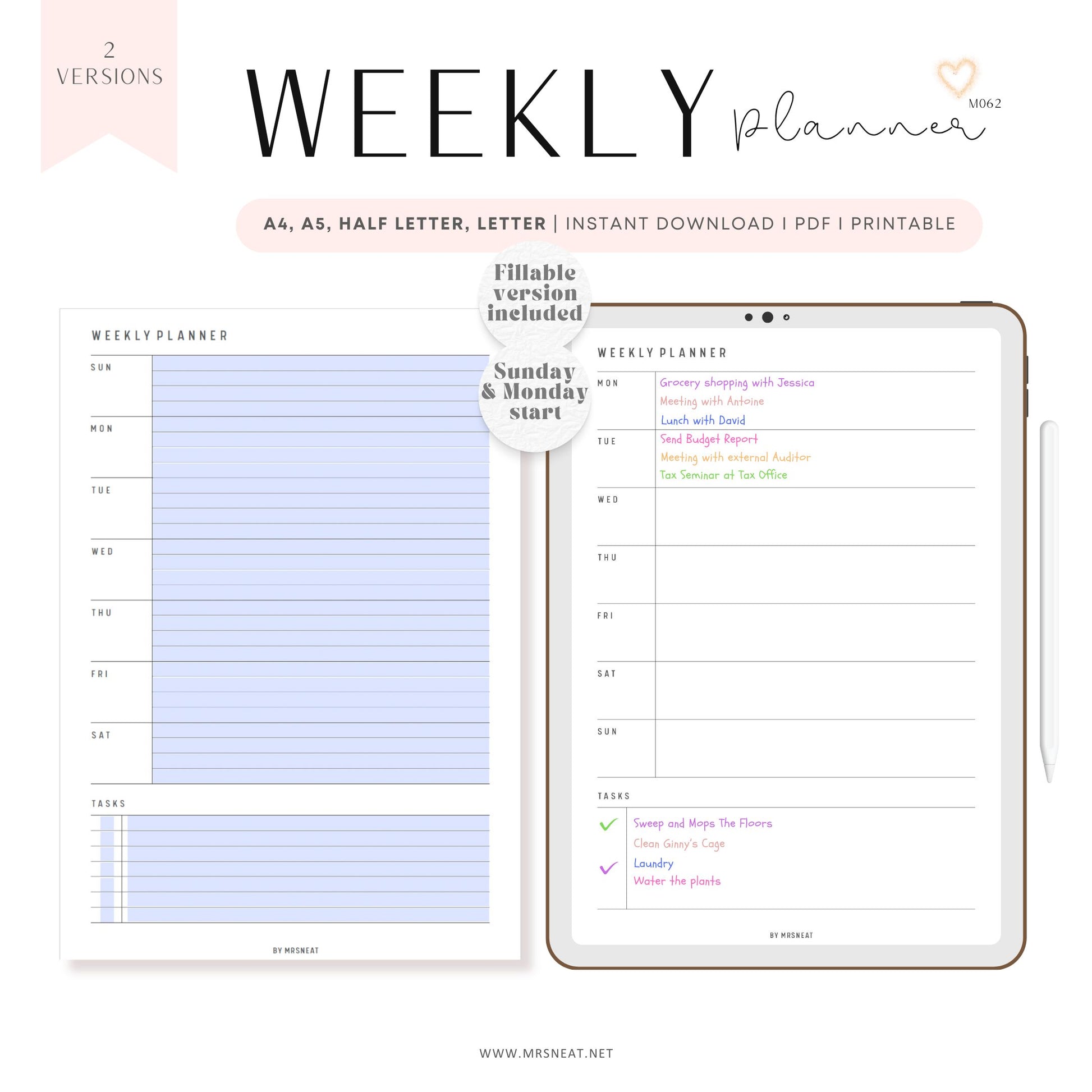 Fillable Weekly Planner Printable, Weekly To Do List, Minimal Weekly Schedule, Weekly Organizer, Week at a glance, A4/A5/Letter/Half Size