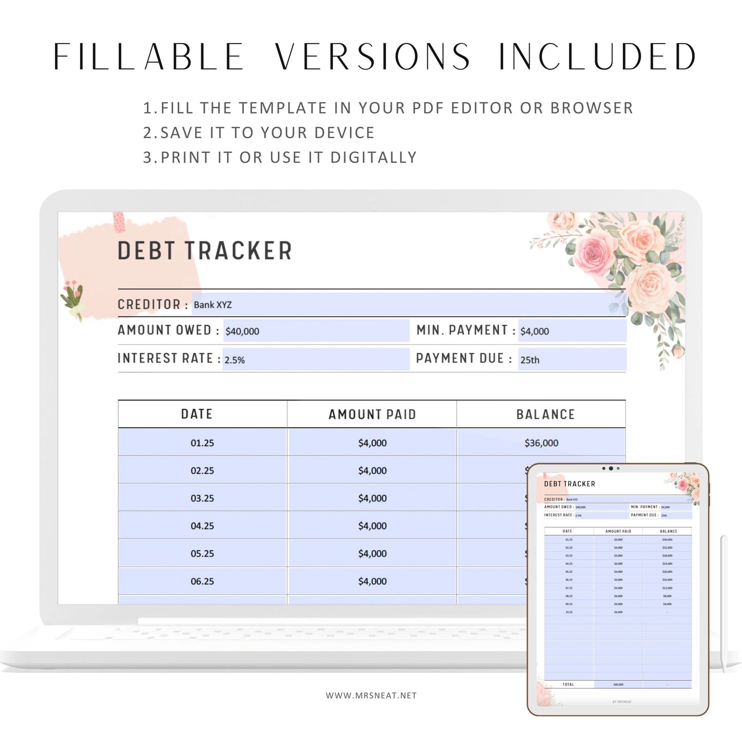 Fillable Debt Payment Tracker Printable, Debt Tracker Printable, Debt Snowball Tracker, Debt Progress Tracker, PDF, A4/A5/Letter/Half Size