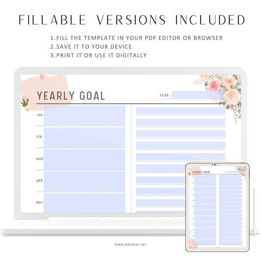 Beautiful Pink Floral New Year Goal Planner in 3 different versions