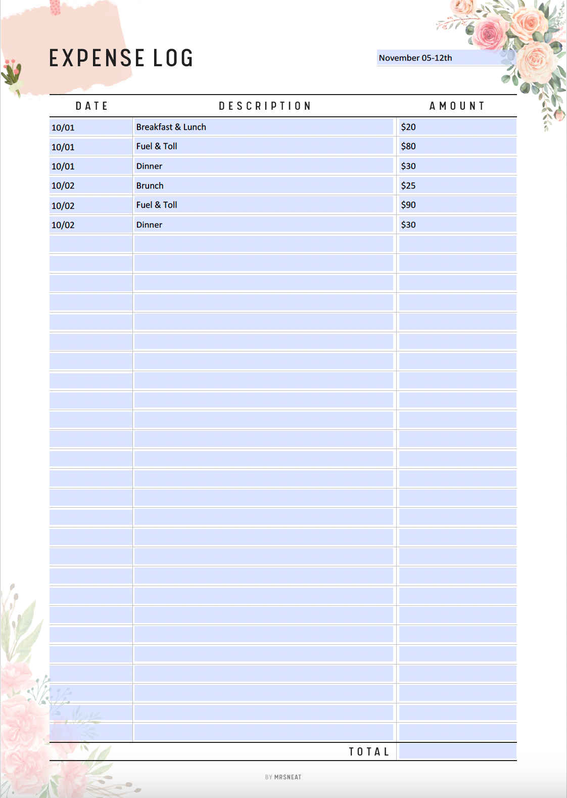 Floral Expense Log Printable, Spending Tracker Template, Fillable Expense Tracker, Bill Tracker, Budget Tracker, A4, Letter, Half Letter, A5