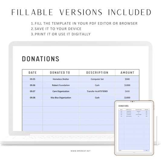 Fillable Donation Tracker Printable, Charity Donation Tracker, Charity Donation Receipt, Donation Log, PDF, A4, A5, Letter, Half Letter