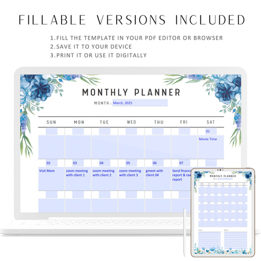 Monthly Planner Printable, Fillable Monthly Schedule, Monthly To Do List Page, Month at a glance, Monthly Organizer, Blue Floral, A4, A5, Letter, Half Letter, Digital Planner, Fillable PDF, Printable Planner
