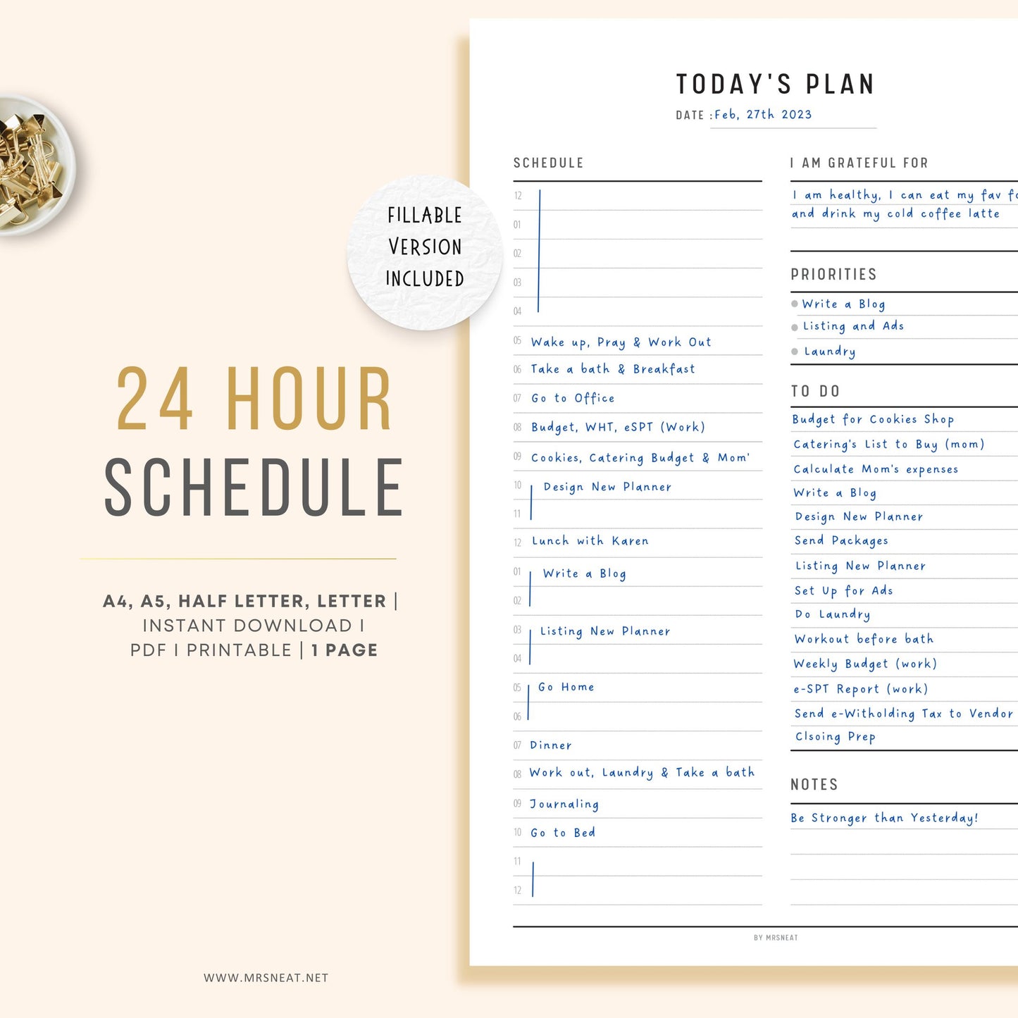 24 Hour Planner Printable, Fillable Hourly Schedule, Time Blocking, Daily Schedule, Daily Planner Template, PDF, A4, A5, Letter, Half Letter