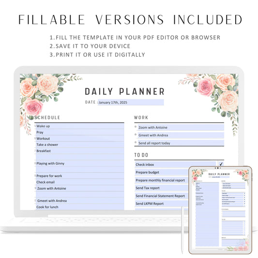 Fillable Work From Home Planner, Daily To Do List Printable, Productive Planner, Remote Work Template, Work Day Organizer, Work Planner, Digital Planner, Fillable PDF, Printable Planner, Floral Theme, A4, A5, Letter, Half Letter