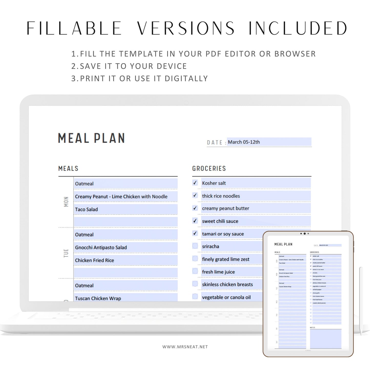 Fillable Weekly Meal Planner with Grocery List Template, 7 day menu, Food Planner, Food Diary, Diet Planner, A4/A5/Letter/Half Letter, PDF