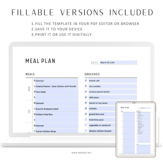 Fillable Weekly Meal Planner with Grocery List Template, 7 day menu plan, Food Planner, Meal Tracker, Diet Planner, A4/Letter/Half Letter/A5
