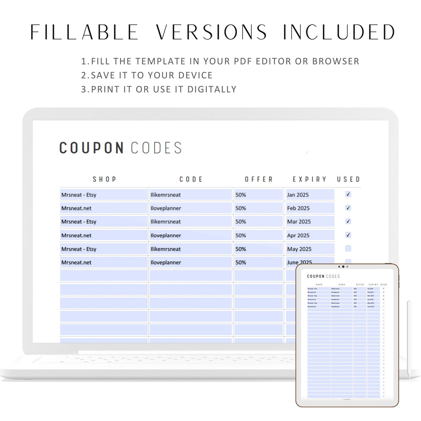 Fillable Coupon Code Tracker Printable, Coupon Code Template, Coupon Code Pages, A4, A5, Letter & Half Letter, PDF, Digital Planner, Fillable PDF, Printable Planner
