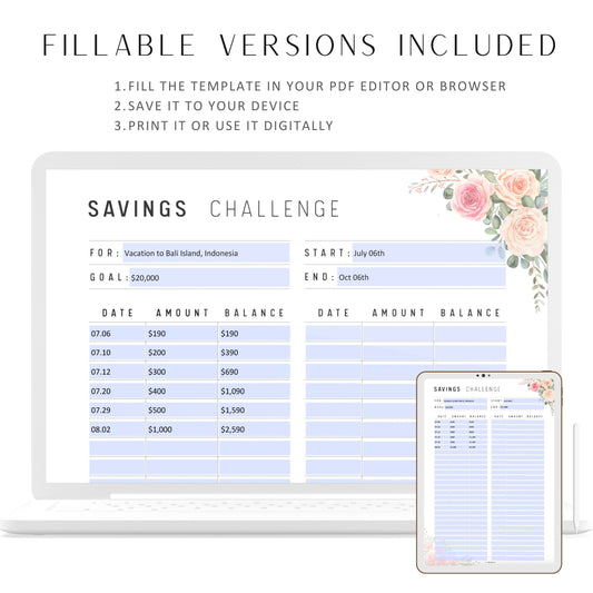 Floral Saving Challenge Printable, Fillable Saving Tracker, Savings Template, Sinking Funds Tracker, A4, A5, Letter, Half Letter, PDF, Floral Theme