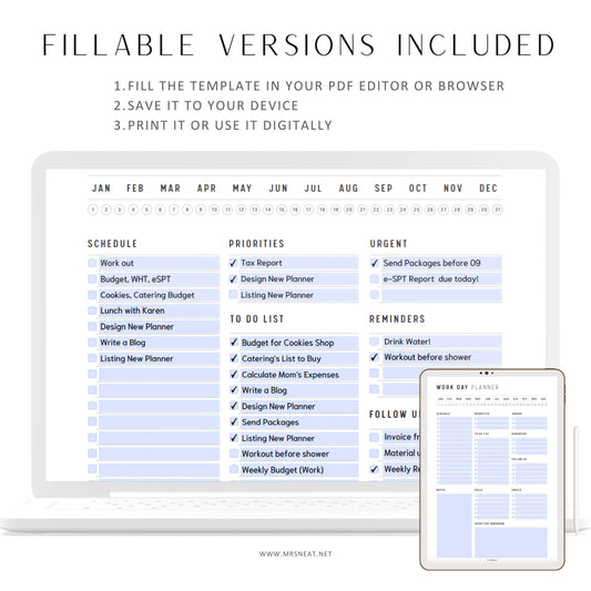 Work Day Planner Template Printable, A4, A5, Letter, Half Letter, PDF, Fillable Daily Planner