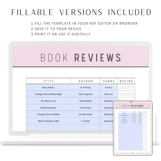 Printable Book Review, Reading Journal Template, Fillable Reading Planner, Reading Journal, PDF, 5 colors, A4, A5, Letter, Half Letter