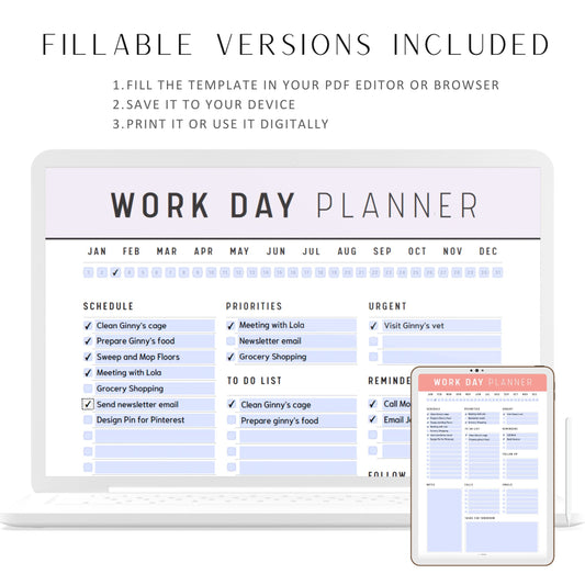 Printable Work Day Planner Template, Fillable Work Day Planner, Work Day Organizer, Daily Work Planner, Daily Planner, A4, Letter, 10 Colors, Digital Planner, Fillable PDF, Printable Planner