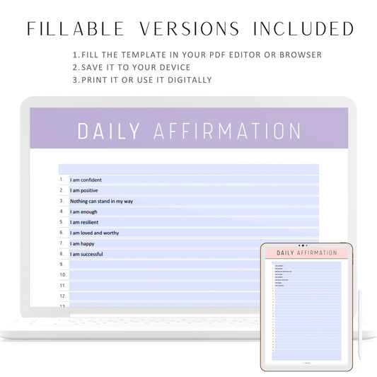 Daily Affirmation Journal Printable, Positive Affirmation Template, Fillable Affirmation Journal, A4, 10 colors, PDF, Digital Planner, Printable Planner Fillable PDF
