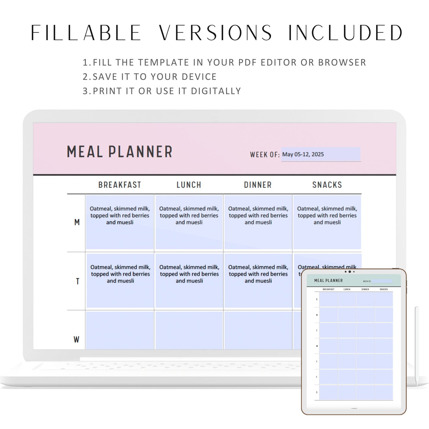 Fillable Weekly Meal Planner Printable, Food Diary, Food Journal, Meal Prep Planner, Meal Tracker, 5 colors, A4, A5, Letter, Half Letter, Digital Planner, Fillable PDF, Printable Planner