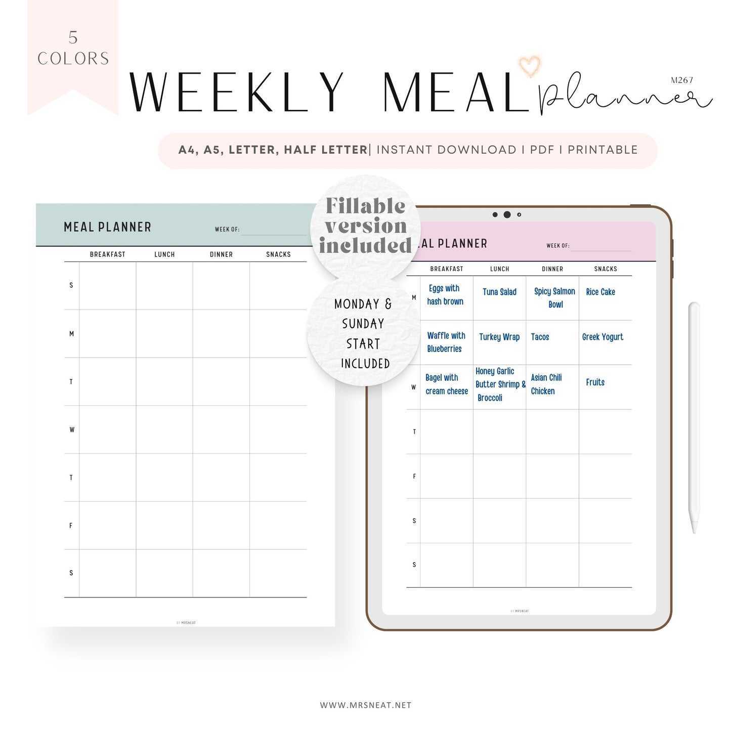 Weekly Meal Planner Printable, Fillable Food Diary, Food Journal, Meal Prep Planner, Meal Tracker, 5 colors, A4, A5, Letter, Half Letter