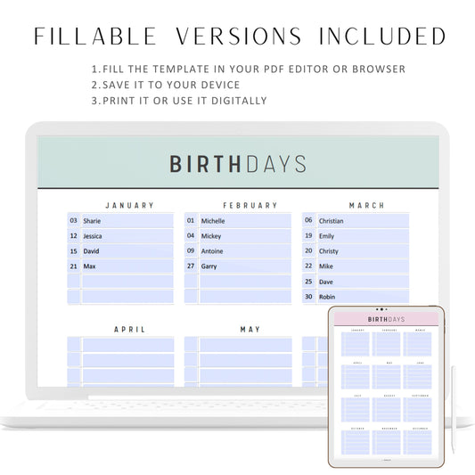 Birthday Tracker Printable Template, Birthday Calendar, Birthday Reminder, Birthday Planner, Birthday Organizer, 5 Colors, A4, A5, Letter, Half Letter, Digital Planner, Fillable PDF, Printable Planner