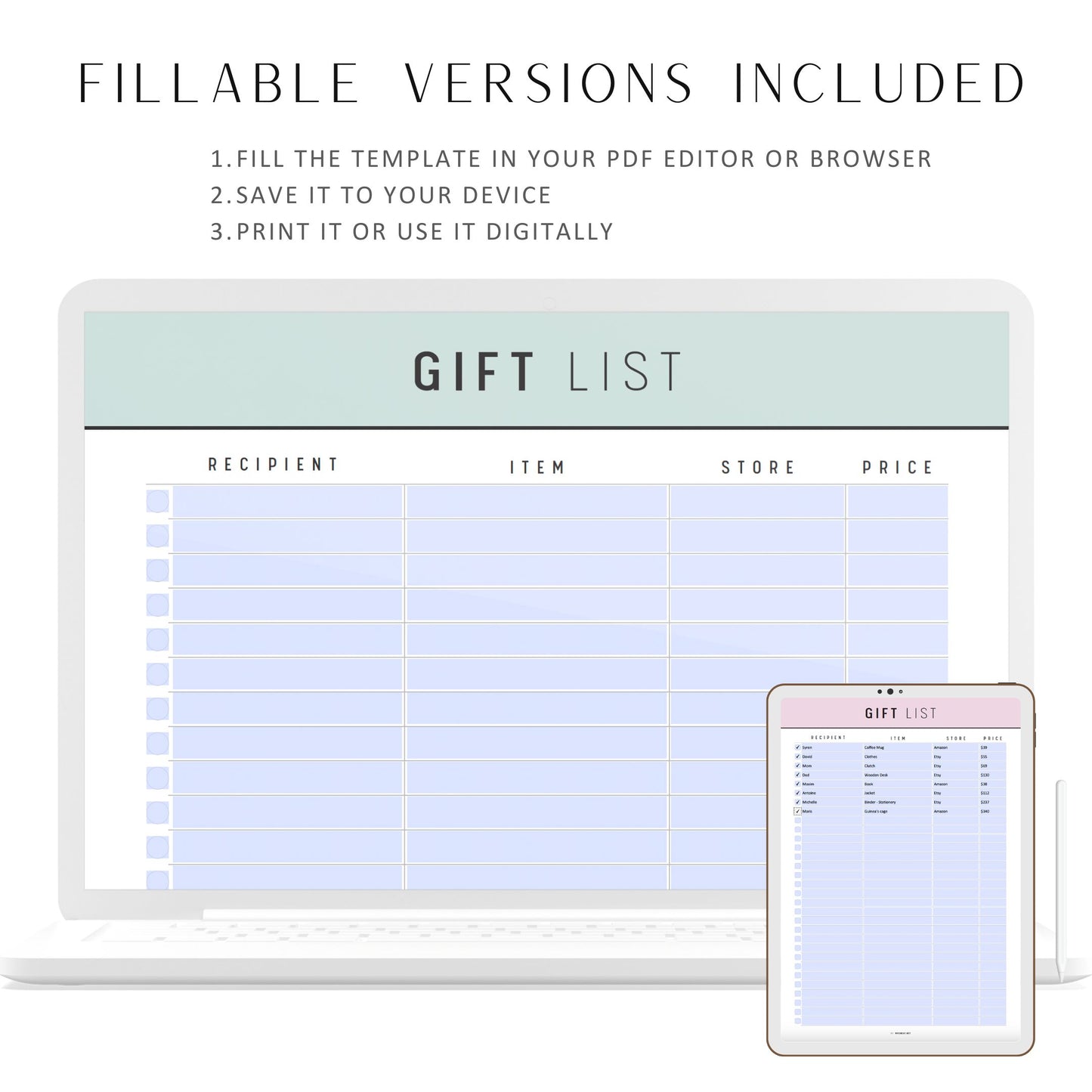 Gift List Template Printable, Fillable Gift List for Birthday, Gift List for Baby Shower, 5 colors, A4, A5, Letter, Half Letter, PDF, Digital Planner, PDF Fillable, Printable Planner