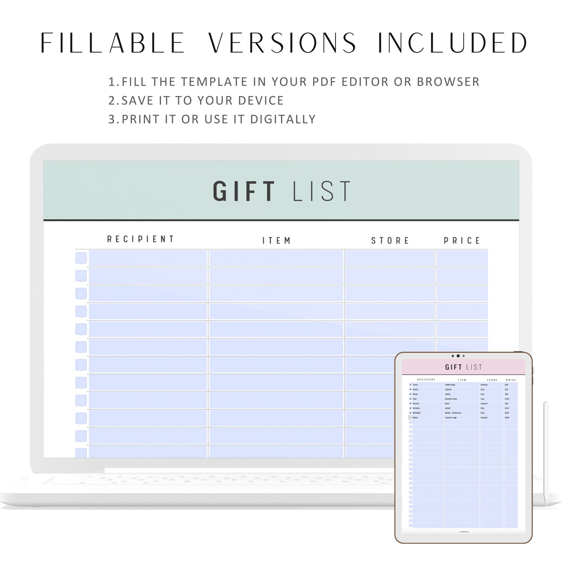 Gift List Template Printable, Fillable Gift List for Birthday, Gift List for Baby Shower, 5 colors, A4, A5, Letter, Half Letter, PDF, Digital Planner, PDF Fillable, Printable Planner