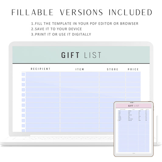 Gift List Template Printable, Fillable Gift List for Birthday, Gift List for Baby Shower, 5 colors, A4, A5, Letter, Half Letter, PDF, Digital Planner, PDF Fillable, Printable Planner