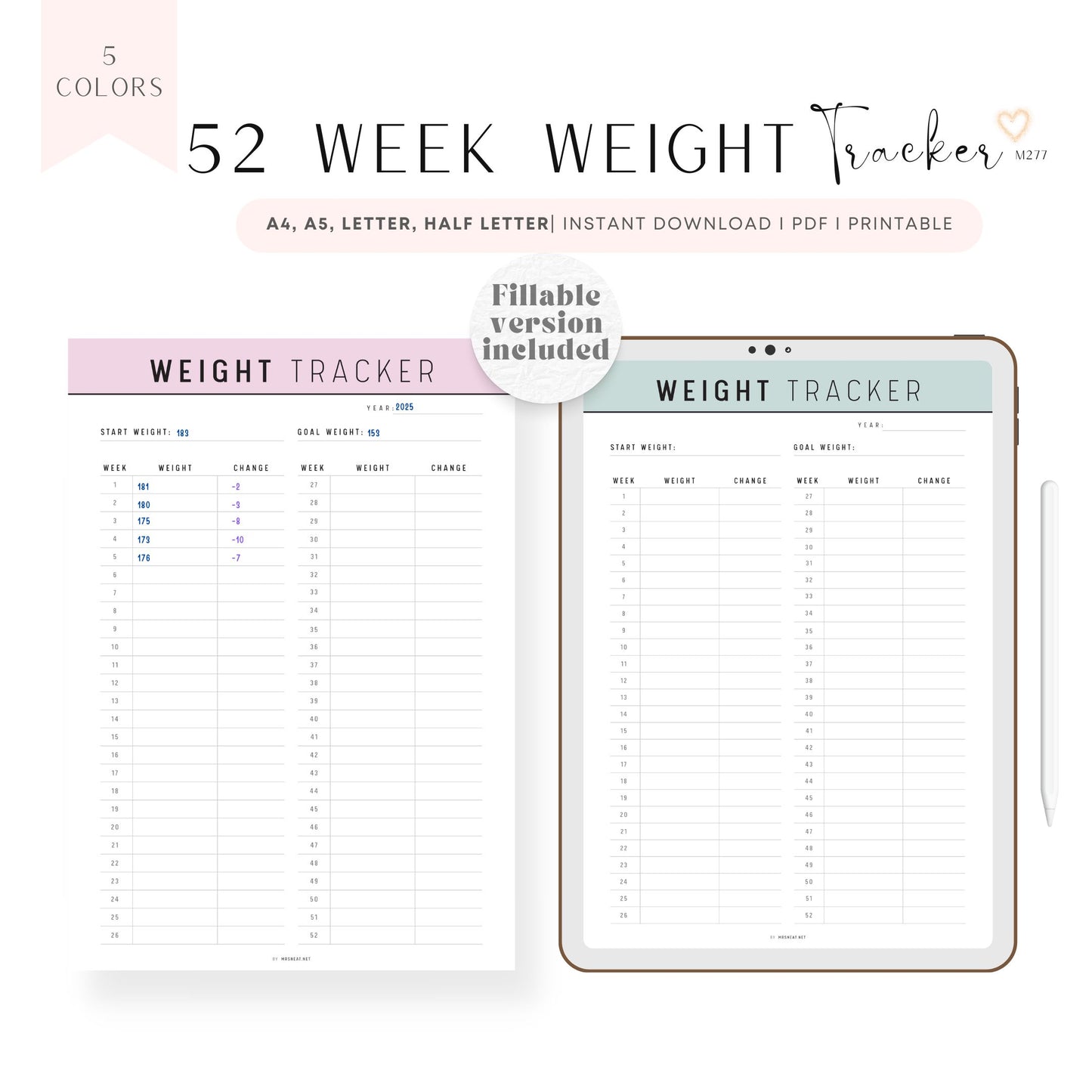 52 Week Weight Tracker Printable, Weight Loss Tracker Template, Fillable Weight Log, Weight Journal, 5 Colors, A4, A5, Letter, Half Letter, Digital Download, Instant Download, Digital Planner, Printable Planner