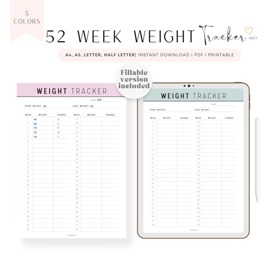 52 Week Weight Tracker Printable, Weight Loss Tracker Template, Fillable Weight Log, Weight Journal, 5 Colors, A4, A5, Letter, Half Letter, Digital Download, Instant Download, Digital Planner, Printable Planner