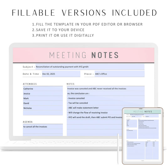 Printable Meeting Notes Template, Meeting Notes Page, PDF, A4, A5, Letter, Half Letter, 6 colors, Digital Planner, Fillable PDF, Printable Planner