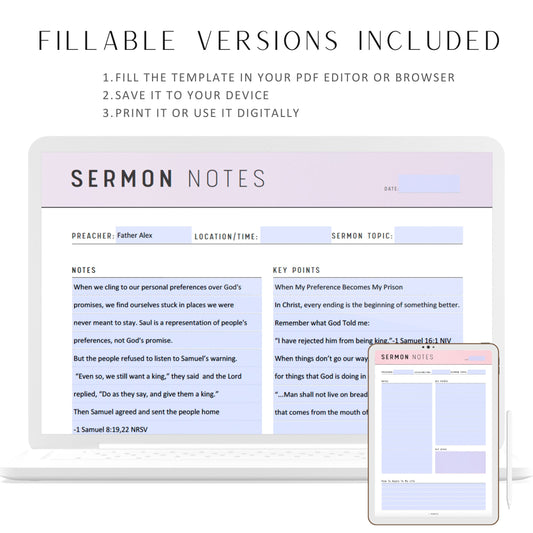 Fillable Sermon Notes Journal, Printable Personal Sermon Notes, Church Sermon Note Template, PDF, A4, A5, Letter, Half Letter, 6 colors, Digital Planner, Fillable PDF, Printable Planner