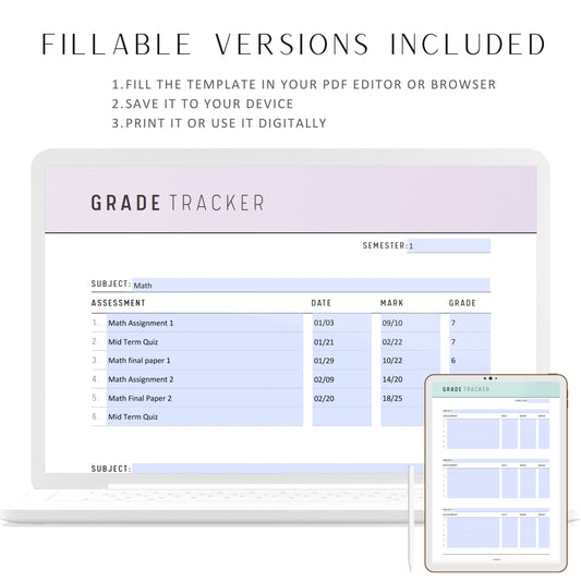 Printable Grade Tracker Template, Fillable Grade Planner, PDF, A4, A5, Letter, Half Letter, 6 Colors, Digital Planner, Fillable PDF, Printable Planner