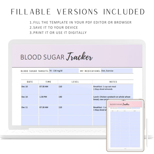 Printable Blood Sugar Tracker, Fillable Glucose Tracker Page, Diabetes Journal, Diabetes Planner, PDF, A4, A5, Letter, Half Letter, 6 colors, Digital Planner, Fillable PDF, Printable Planner