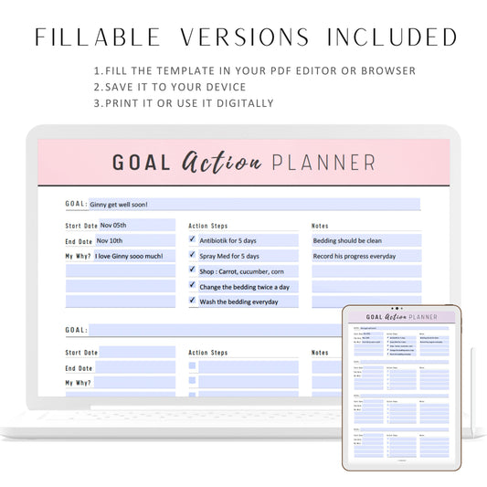 Goal Action Planner Printable, Goal Planner Pages, PDF, A4, A5, Letter, Half Letter, 6 Colors