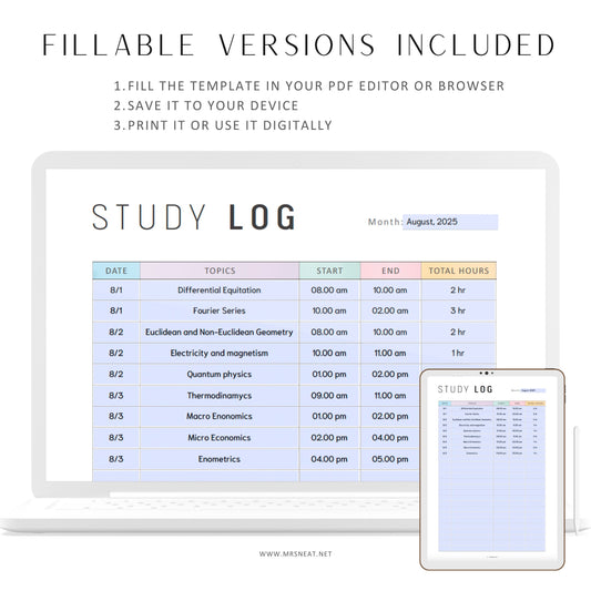 Study Log Printable, Monthly Study Tracker, Fillable Study Planner Template, PDF, Colorful Page, A4, A5, Letter, Half Letter