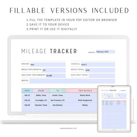Fillable Mileage Tracker Printable, Mileage Log Template, Colorful page, Fillable versions included, A4, A5, Letter, Half Letter, PDF