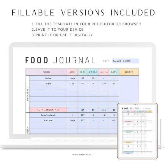 Daily Food Diary Printable, Food Journal, Minimalist Daily Calorie Tracker, Daily Calorie Counting, Food Diary, A4, A5, Letter, Half Letter, Digital Planner, PDF Fillable, Printable Planner, 2 colors