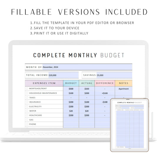 Monthly Budget Planner Printable, Budget Tracker Template, Finance Overview, Fillable Paycheck Budget, 2 versions, 2 colors, A4, A5, Letter, Fillable PDF, Printable Planner, Digital Planner
