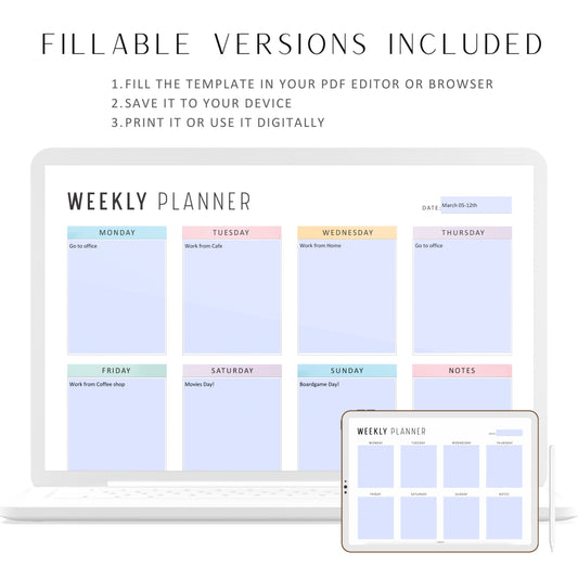Fillable Weekly Planner Printable Landscape, Week at a Glance, Weekly Organizer, Office Planner, 4 versions, Sunday Monday Start, A4, Letter