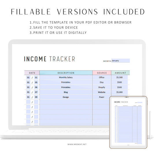 Fillable Income Tracker Printable, Side Hustle Income Tracker, Monthly Income Tracker, 2 colors, A4, A5, Letter, Half Letter
