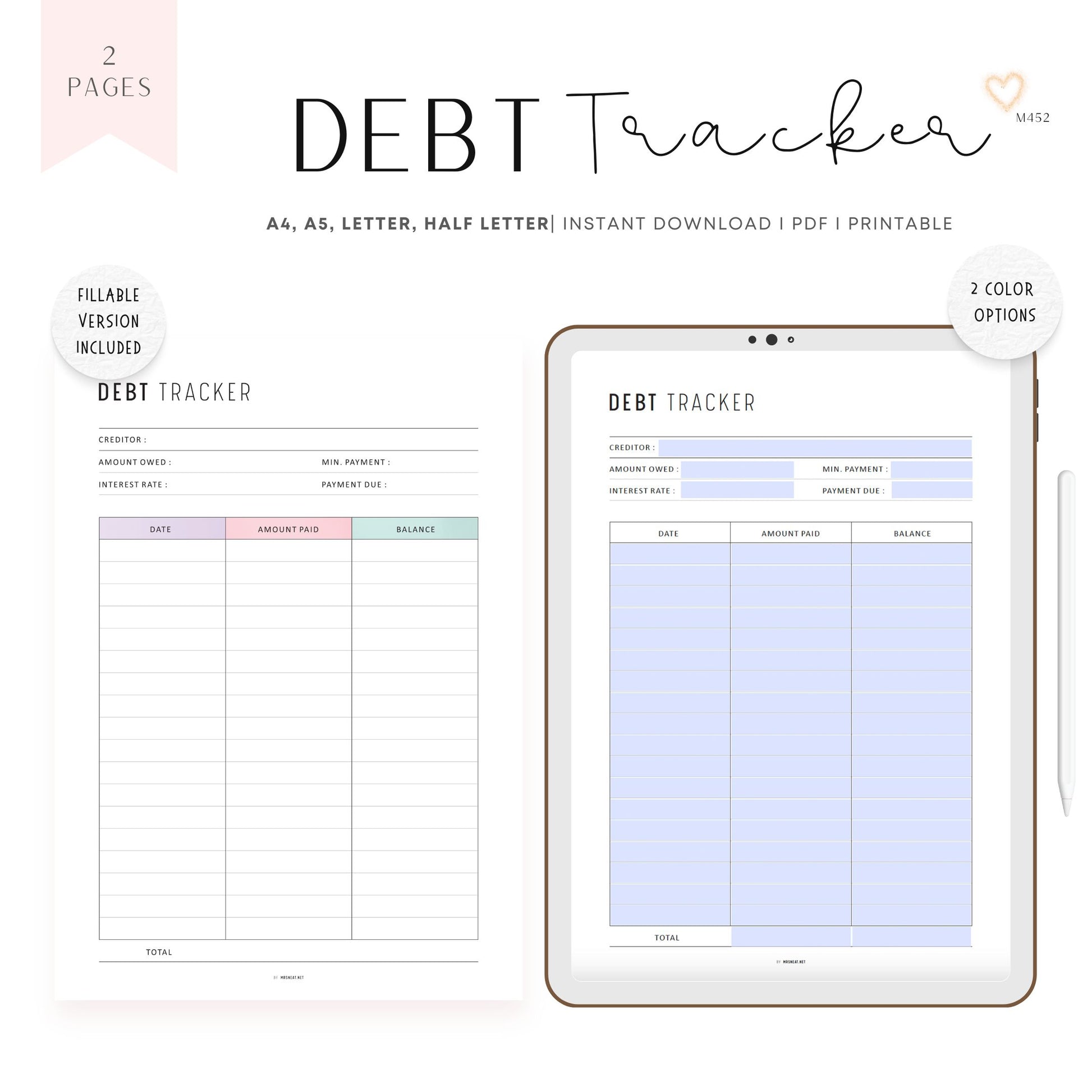Debt Payment Tracker, Printable, A4, A5, Letter, Half Letter, Digital Planner, PDF, 2 Colors, Instant Download