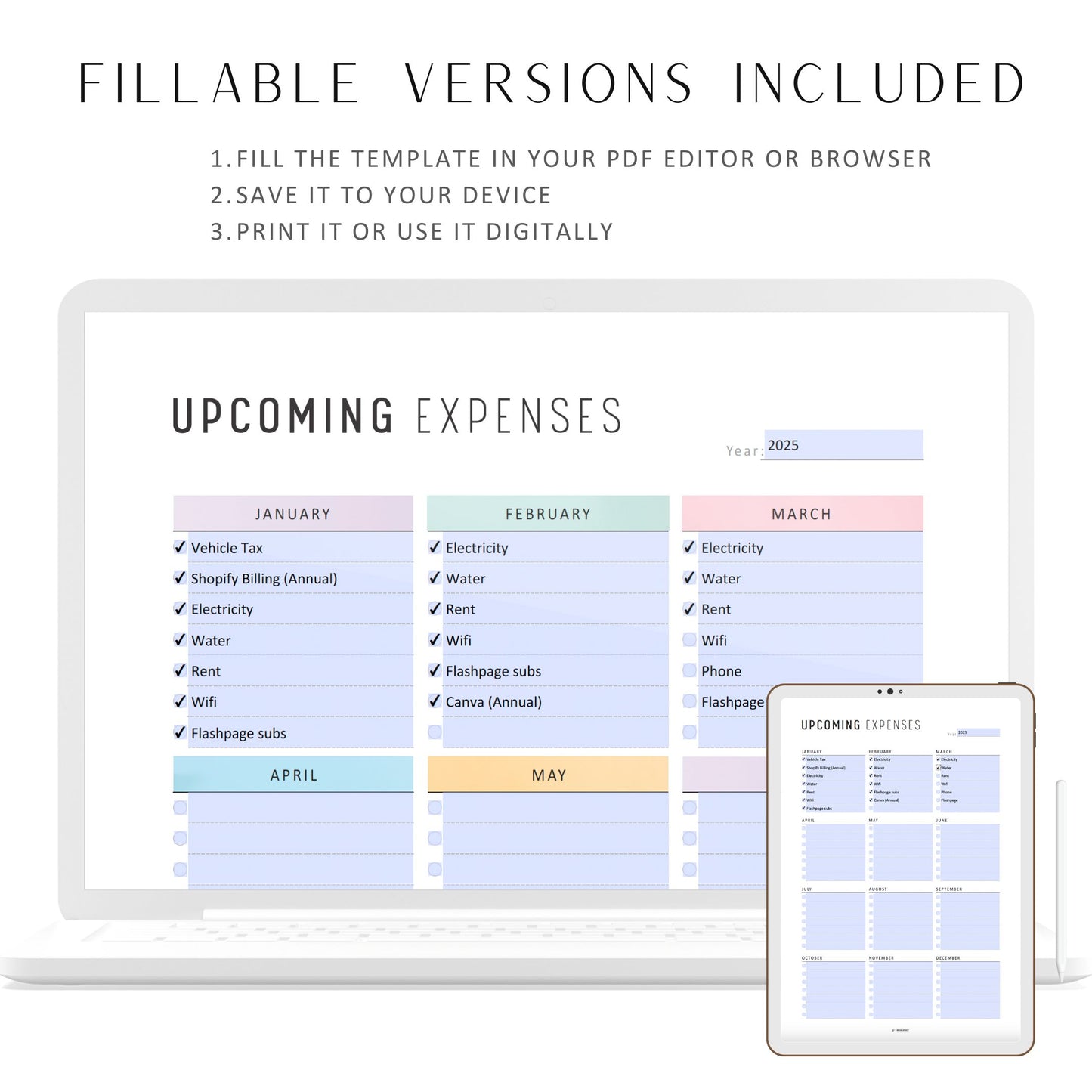 Upcoming Expenses Printable, Fillable Yearly Spending Overview, Budget Plan, Spending Tracker, A4, A5, Letter, Half Letter, 2 Colors, Digital Planner, Printable Planner, PDF Fillable